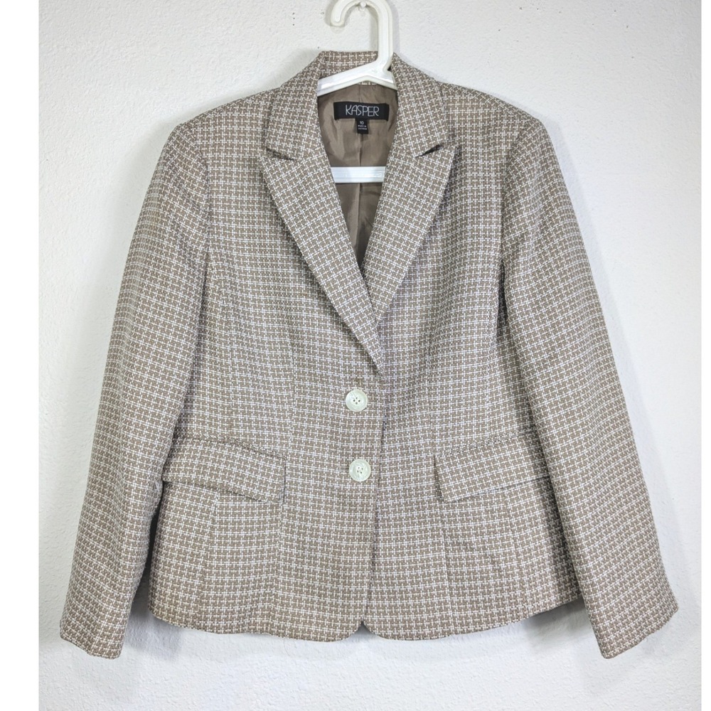 Kasper Womens 10 Tan White Textured Grid Two Button Blazer Jacket Professional